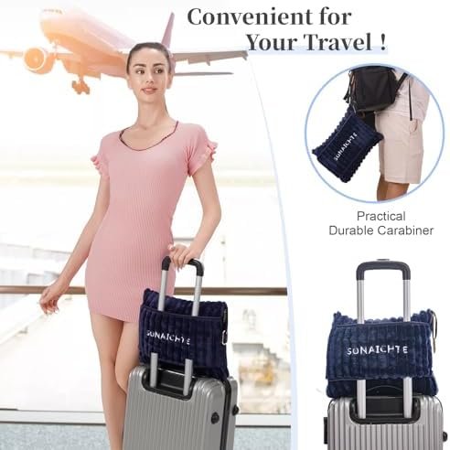 Travel Blanket Airplane Compact with Bag Travel Blanket and Pillow Set Blanket for Airplane Airplane Travel Essentials Car Blankets for Adults (Navy Blue) - Image 3
