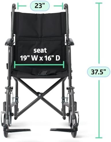 Medline Durable Folding Steel Transport Wheelchair with Swing-Away Footrests, 19-Inch Seat Width, Black Frame, Black Upholstery - Image 6