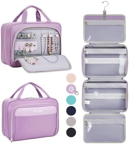 OlarHike Travel Toiletry Hanging Bag Waterproof, Makeup bag, Toiletries, Jewelry, Travel Essentials 3 in 1 Packing Organizers, Medium for Women Light Purple