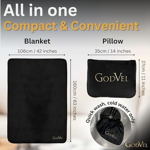 Travel Blanket and Pillow Set 2 in 1- Soft Fleece Throw Blanket with Portable Carry Bag - Perfect for Airplane, Car, and Camping, Travel Essentials- Black. - Image 2