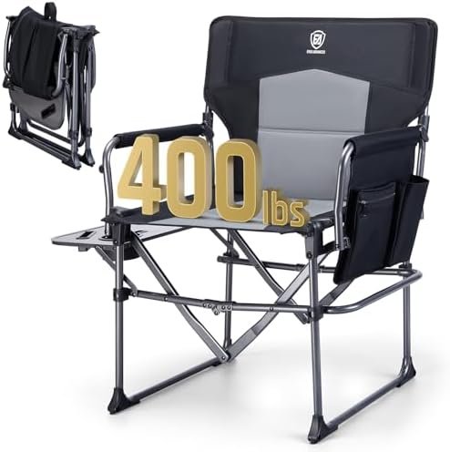 EVER ADVANCED Camping Directors' Chair with Side Table, Portable Folding Chair with Compact Size, Heavy Duty Lawn Chair with Pocket for Camping, Lawn, Sports and Fishing, 400lbs, Black