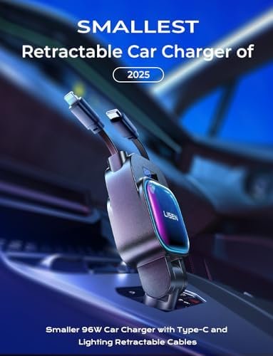 LISEN 96W Retractable Car Charger, 4 in 1 Retractable USB C for iPhone 16 Car Charger Fast Charging, Adapter with Retractable USB C Cable, Car Accessories Gifts for Women, for iPhone 16e 16 15 14 13 - Image 2