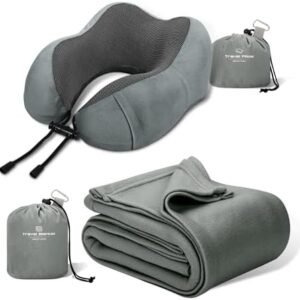 Travel Pillow and Blanket Set Neck Pillow Airplane Memory Foam and Compact Soft Airplane Blanket with Bag Womens Travel Essentials for Traveling Flights Plane Car Sleeping Grey