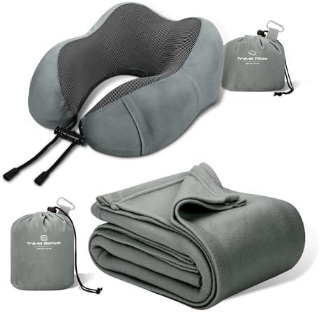 Travel Pillow and Blanket Set Neck Pillow Airplane Memory Foam and Compact Soft Airplane Blanket with Bag Womens Travel Essentials for Traveling Flights Plane Car Sleeping Grey
