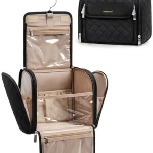 BAGSMART Makeup Bag for Women with Hanging Hook - Portable Cosmetic Case, Large Capacity Door Room Essentials Travel Organizer for Full Sized Cosmetics and Toiletries, Black