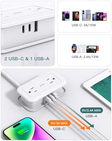 Travel Power Strip with USB Ports, Addtam 4 Outlets 3 USB(2 USB C) with 4FT Wrapped Flat Plug Power Strip, Short Small Extension Cord for Travel Cruise Ship Essentials, White - Image 5