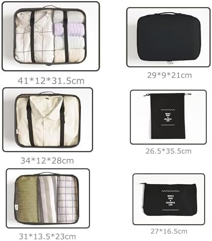 6 Set Packing Cubes for Suitcases Travel Luggage Packing Organizers,Travel Essentials Luggage Organizer for Travel Accessories Shoe Bag Tioletry Bag Laundry Bag (Black) - Image 7