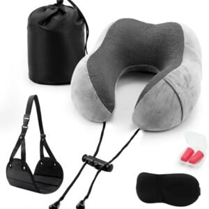 Travel Pillow Foot Rest Set, Memory Foam Neck Pillow+ Eye Mask+ Foot Hammock+ Earplugs+ Foldable Duffel Bag,Portable Flight Travel Accessories Essentials for Airplane,Plane,Car,Office,Home Sleep Rest