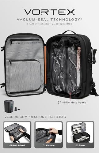 Vacuum Seal Air Compression Travel Expandable Backpack 60L | Airback Carry On Vacpack Water Resistant TSA Lock | Vortex Zephyr Black | 25L-60L With Air Pump - Image 3