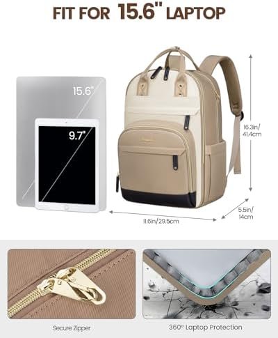 LOVEVOOK Laptop Backpack for Women,15.6inch Professional Women Travel Backpack Purse Anti-theft Laptop Computer Bag,Fashion Warterproof Work Business College Teacher Backpack Daypack,Khaki-beige white - Image 4