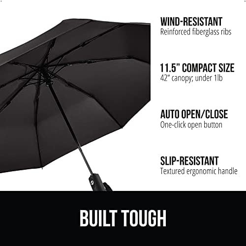 Gorilla Grip Windproof Compact Stick Umbrella for Rain, Travel One-Click Automatic Open and Close, Lightweight, Portable, Strong Reinforced Fiberglass Ribs, Easily Collapsible, Black - Image 2