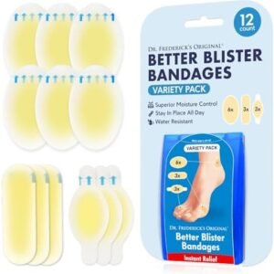 Dr. Frederick's Original Better Blister Bandages - 12ct - Water Resistant - 40% More Cushioning - Hydrocolloid Bandages for Foot, Toe, & Heel - Blister Pads for Prevention & Recovery - Variety Pack