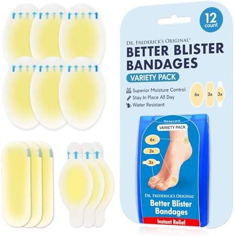 Dr. Frederick's Original Better Blister Bandages - 12ct - Water Resistant - 40% More Cushioning - Hydrocolloid Bandages for Foot, Toe, & Heel - Blister Pads for Prevention & Recovery - Variety Pack