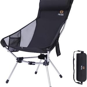 Nice C Ultralight High Back Folding Camping Chair, Backpacking Chair, Compact & Heavy Duty Outdoor, Travel, Picnic, Festival with 2 Side Pockets, Pillow &Carry Bag (One Black)