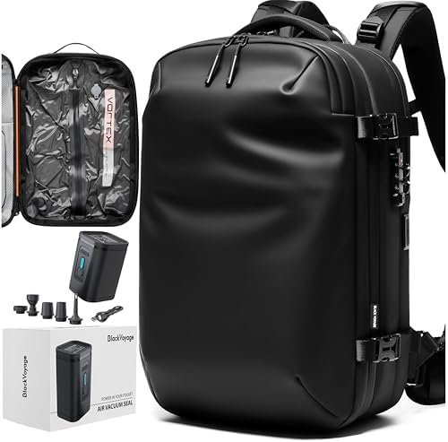 Vacuum Seal Air Compression Travel Expandable Backpack 60L | Airback Carry On Vacpack Water Resistant TSA Lock | Vortex Zephyr Black | 25L-60L With Air Pump