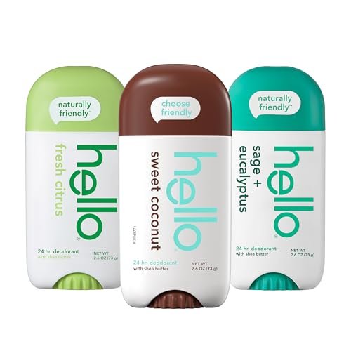 hello Deodorant Variety Pack (Sweet Coconut, Fresh Citrus, White Sage) for Women + Men, Aluminum Free, Baking Soda Free, Parabens Free, 24 Hour Odor Protection, 2.6 Ounce, 3 Pack