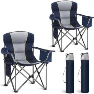 Oversized Portable Camping Folding Chair, Heavy Duty Foldable Outdoor Chair, Camp Chair with Cup Holder and Cooler Bag for Camp, Travel, Support 450 LBS, 2 Pack(Blue)…