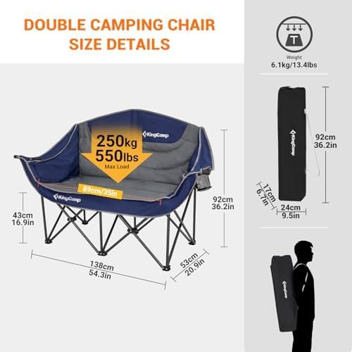 KingCamp Double Camping Chair Loveseat Heavy Duty for Adults Two Person Outdoor Folding Chairs with Cup Holder Wine Glass Holder Support 440 lbs for Outside Picnic Beach Travel - Image 2