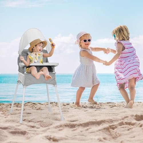 Ezebaby Baby Portable High Chair with Sun Canopy, Foldable High Chairs for Babies and Toddlers with Detachable Tray and 5-Point Harness, Travel High Chair for Indoor and Outdoor Use, Gray - Image 5