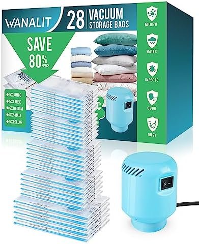 Vacuum Storage Bags with Electric Pump, 28 Pack (5 Jumbo, 5 Large, 6 Medium, 6 Small, 6 Roll Up Bags) Space Saver Bag, Vacuum Sealer Bags for Clothes, Blanket, Duvets, Pillows, Comforters, Travel