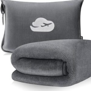 Travel Blanket Pillow with Pockets, Airplane Blanket Set, Plane Blanket Compact Packable, Flight Essentials Car Pillow - Travel Essentials Gift for Women and Men on Airplanes - Gray