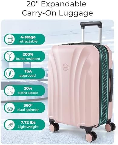 BAGSMART Carry On Luggage 22x14x9 Airline Approved with TSA Lock, Expandable Hard Shell Suitcase with Spinner Wheels, Lightweight 20 Inch Travel Rolling Carry-On Luggage, Pink - Image 2