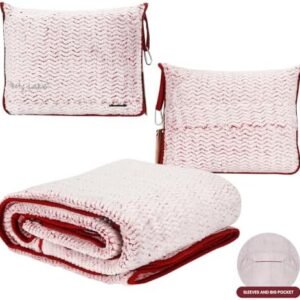 Travel Blanket and Pillow Set,Airplane Blanket Compact 2-in-1 Soft Bag,Travel Essentials for Flight,Plane Car Traveling Gift Accessories,Luggage Backpack Strap 65"x50" (Ⅱ-White Red)