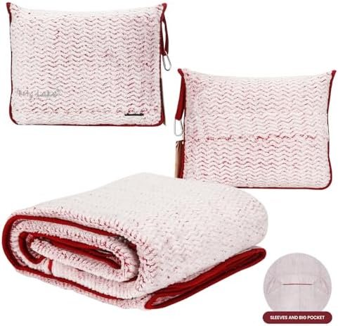 Travel Blanket and Pillow Set,Airplane Blanket Compact 2-in-1 Soft Bag,Travel Essentials for Flight,Plane Car Traveling Gift Accessories,Luggage Backpack Strap 65"x50" (Ⅱ-White Red)
