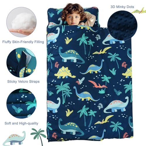 PHF Toddler Nap Mat with Removable Pillow and Minky Fleece Blanket, Rollup Design Warm Slumber Bags for Boys, 50"x20"x2" Kids Sleeping Bag for Daycare Preschool Travel Camping, Dinosaur - Image 4