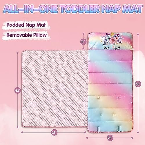 KINBEDY Rainbow Unicorn Toddler Nap Mat for Preschool Daycare Kindergarten Girls Floral Pink Kids Sleeping Mats Nap Time Pillow and Blanket Set Fleece Sleeping Bag Pad for Camping Travel - Image 3