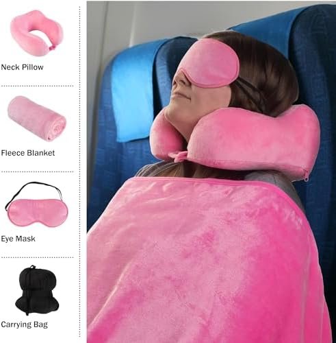 Home-Complete Travel Pillow Set - Memory Foam Pillow, Fleece Blanket, and Eye Mask - Travel Essentials for Airplanes, Trains, Cars, Buses (Pink) - Image 5