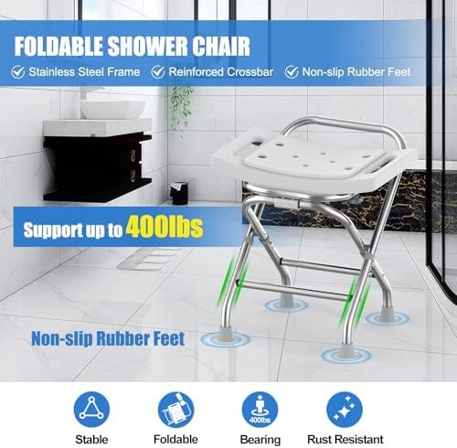 Height Adjustable Folding Shower Chair w/Crossbar, 400lbs Stainless Steel Foldable Shower Chair for Inside Shower, Anti-Slip Portable Travel Shower Stool, Safety Bath Chair for Seniors, Gray - Image 2