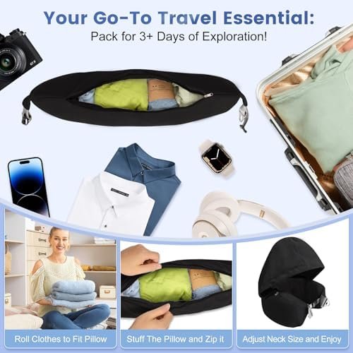 DreamShore Stuffable Neck Pillow for Travel with Hood - Adjustable Velvet Travel Pillow with Earplugs & Eye Mask, Ultimate Carry-On Travel Neck Pillow for Airplane, Travel Pillow for Extra Luggage - Image 2