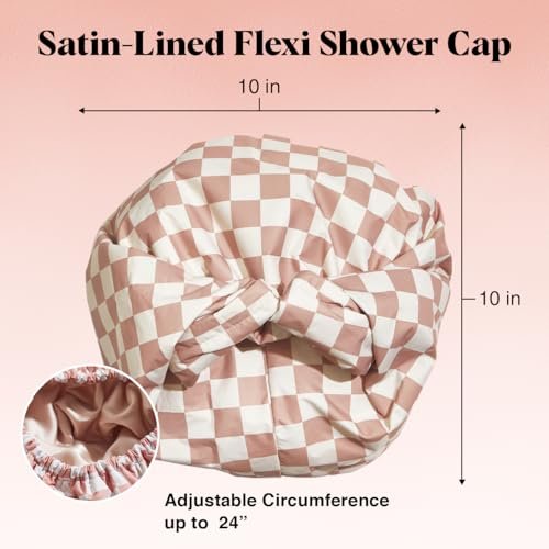 Kitsch Love & Comfort 2PC Spa Set - Satin Lined Reusable Waterproof Shower Cap and XL Quick Dry Hair Towel Wrap for Women, Microfiber Towel, Flexi Shower Cap For All Hair Types - Terracotta Checker - Image 3