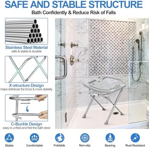 Folding Shower Chair Seat, 17.5" Stainless Steel Small Shower Chair for Inside Shower with Pad, 400lbs Portable Travel Shower Stool, Safety Anti-Slip Bath Chair for Seniors, Disabled, Gray - Image 2