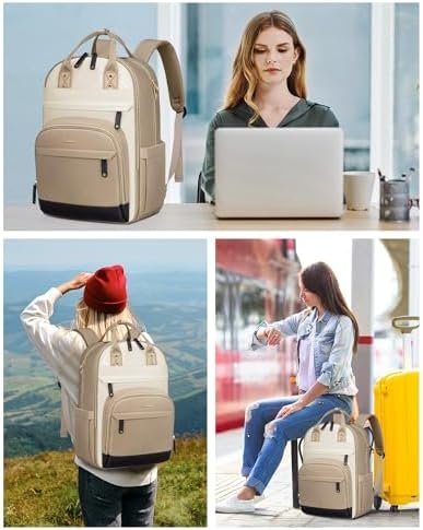 LOVEVOOK Laptop Backpack for Women,15.6inch Professional Women Travel Backpack Purse Anti-theft Laptop Computer Bag,Fashion Warterproof Work Business College Teacher Backpack Daypack,Khaki-beige white - Image 2