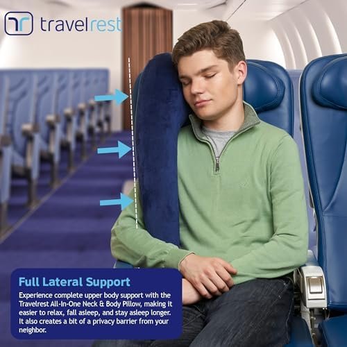 TRAVELREST All-in-One Neck & Body Pillow, Advanced Support Design, Travel Essential, Memory Foam Inserts, Inflatable, Airplane & Car Seat, Sleeping on Long Flight & Trips, Blue (Washable Velour Cover) - Image 4