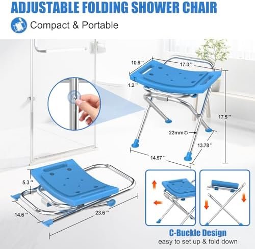 Folding Shower Chair Seat, 17.5" Stainless Steel Small Shower Chair for Inside Shower, 400lbs Portable Travel Shower Stool, Safety Anti-Slip Bath Chair for Seniors, Disabled, Blue - Image 4