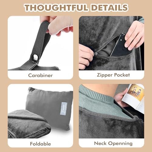 Tirrinia Travel Blanket Airplane Office Poncho 4 in 1 Premium Cozy Fleece Portable Poncho Blankets with Built-in Bag, Pocket - Image 6
