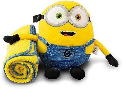 Roamwild Universal Despicable Me Bob Minions Kids Travel Pillow and Travel Blanket Set – Soft Plush Armrest Buddy Transforms Any Armrest Into a Comfy Childs Pillow for Travelling