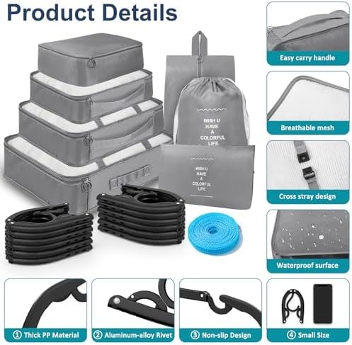 Foldable Travel Hangers Compression Packing Cubes for Travel Set with Portable Hangers Suitcase Organizer Bags Clothesline, Folding Cruise Ship Essentials for Traveling Camping Flying RV Cruises Black - Image 4