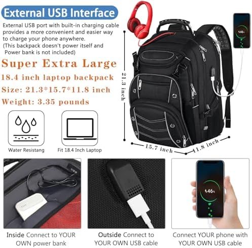 VECKUSON 18.4 Laptop Backpack for unisex, 60L Extra Large Gaming Laptops Back Bag with USB Charger Port,TSA Friendly Flight Approved and RFID Anti-Theft Pocket Heavy-duty Pack,21.3*15.7*11.8inch Grey - Image 3