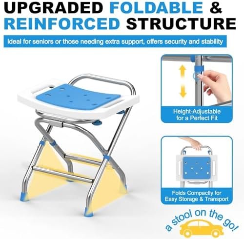 Folding Shower Chair Seat, Height Adjustable Foldable Shower Stool for Inside Tub, 420lbs Portable Small Shower Chair for Travel, Heavy Duty Bath Chair Bench for Adults Elderly & Disabled - Image 3