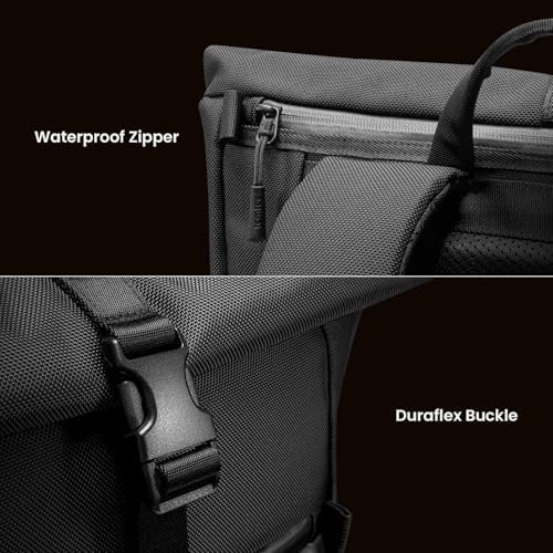 tomtoc Rolltop Laptop Backpack, Water-Resistant Travel Backpack Commute Expandable Casual Daypack for 13-17.3 inch Laptop, Rucksack for Work College Trip, Capacity Adjustable 25-30L, Black - Image 7