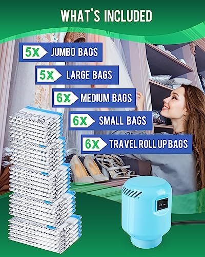 Vacuum Storage Bags with Electric Pump, 28 Pack (5 Jumbo, 5 Large, 6 Medium, 6 Small, 6 Roll Up Bags) Space Saver Bag, Vacuum Sealer Bags for Clothes, Blanket, Duvets, Pillows, Comforters, Travel - Image 2