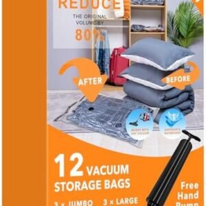 12 Pack Vacuum Storage Bags (3 x Jumbo, 3 x Large, 3 x Medium, 3 x Small), Space Saver Sealer Compression Bags with Travel Hand Pump for Blankets, Comforters, Pillows, Clothes Storage