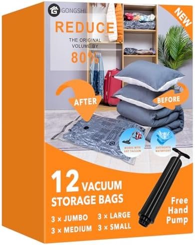 12 Pack Vacuum Storage Bags (3 x Jumbo, 3 x Large, 3 x Medium, 3 x Small), Space Saver Sealer Compression Bags with Travel Hand Pump for Blankets, Comforters, Pillows, Clothes Storage