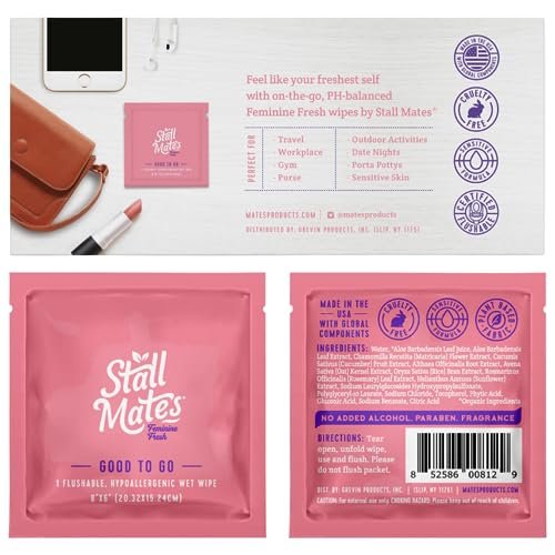 Stall Mates Wipes Feminine Fresh - Flushable | Individually Wrapped Cleansing Travel Friendly PH balanced Unscented with Sunflower, Rosemary and Aloe (30 on-the-go singles) - Image 3