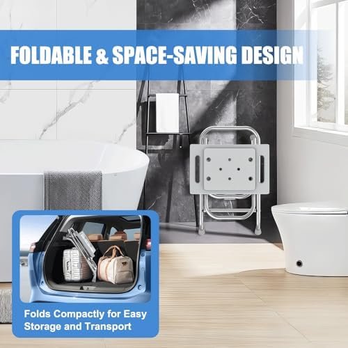 Height Adjustable Folding Shower Chair w/Crossbar, 400lbs Stainless Steel Foldable Shower Chair for Inside Shower, Anti-Slip Portable Travel Shower Stool, Safety Bath Chair for Seniors, Gray - Image 7
