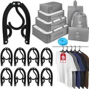 Foldable Travel Hangers Compression Packing Cubes for Travel Set with Portable Hangers Suitcase Organizer Bags Clothesline, Folding Cruise Ship Essentials for Traveling Camping Flying RV Cruises Black